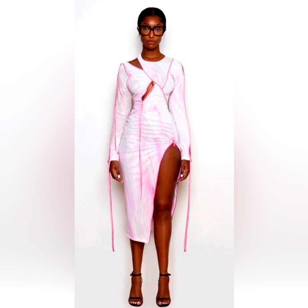 BBX BRAND- Pink & White Printed Mesh Cut Out Midi Dress